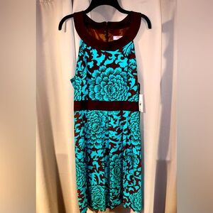 Eliza J Teal Floral Fit-and-Flare Midi Dress with Brown Accents